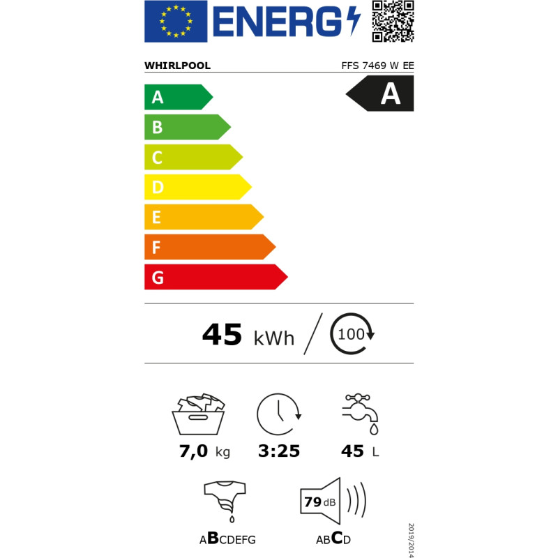 Whirlpool Washing machine | FFS 7469 W EE | Energy efficiency class A | Front loading | Washing capacity 7 kg | 1400 RPM | Depth 57.5 cm | Width 59.5 cm | Display | LED | White