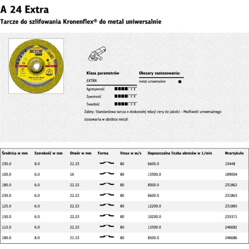 Klingspor TARCZA DO SZLIFOWANIA METALU 180mm x 6,0mm x 22,2mm  A24 Extra