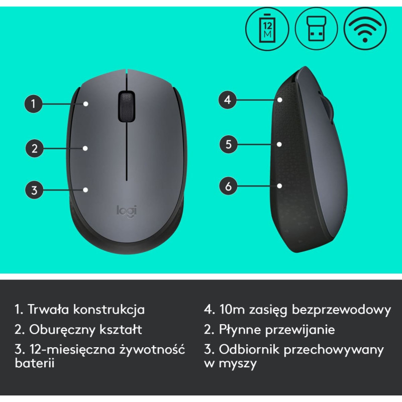 Logitech M170 Grey-K kompiuterio pelė Biuras Abiems rankoms Radijo dažnio belaidė Optinis 1000 DPI