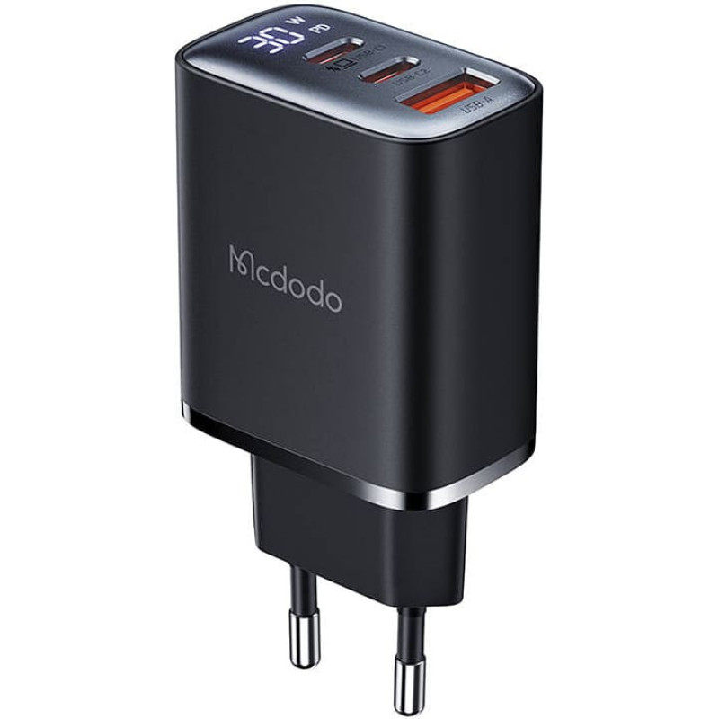 Mcdodo CH-2180 2xUSB-C + USB-A, 30W mains charger with display (black)